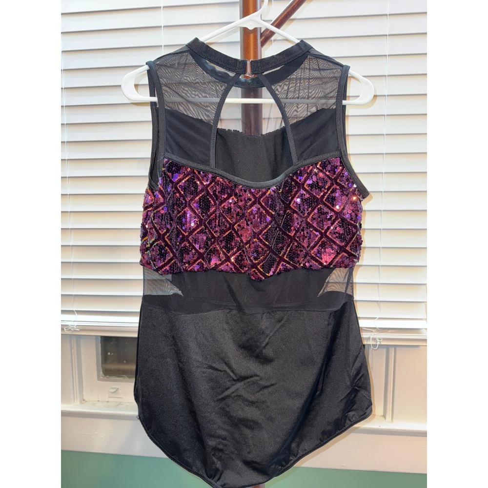 Weissman Leotard Adult XX-Large Black Purple Sequin Jazz Dance Costume Flashy